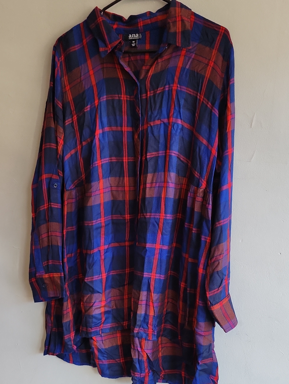 Women's size 0X XL plaid tunic long sleeve fall shirt blue & red flowy soft